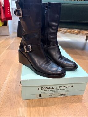 Donald J. Pliner Black Leather Mid-Calf Wedge Buckle Boots